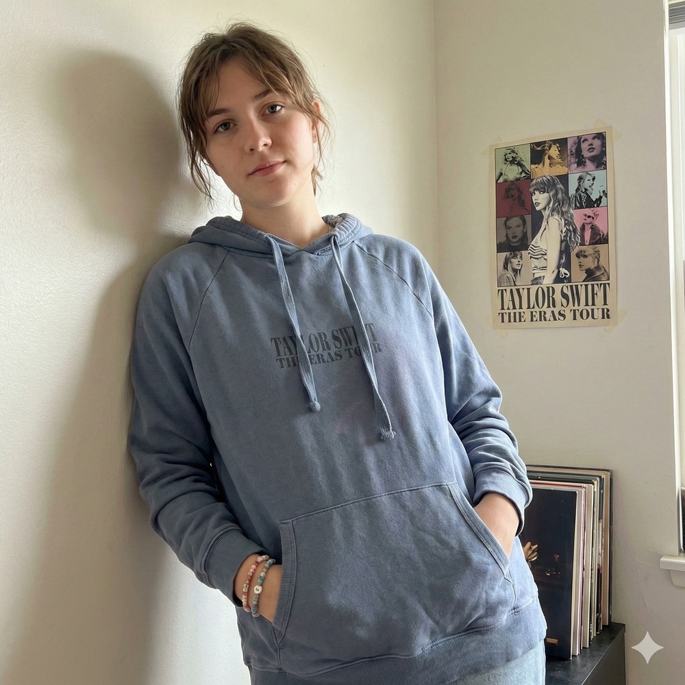 Taylor Swift The Eras Tour Hoodie Size Small Slate Blue Sweatshirt Fleece FLAWED